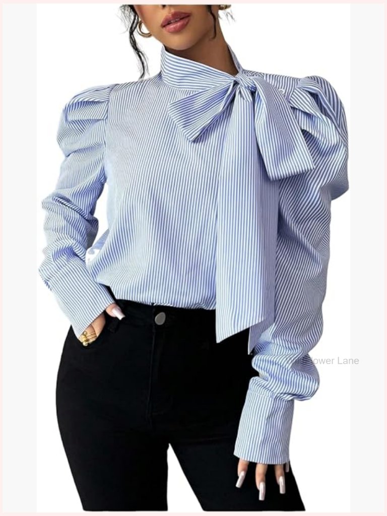 Long Sleeve Bow Tie Neck Blouse Striped Business Casual Top
